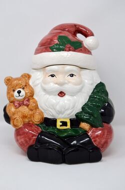 Vintage World Bazaars Santa With Teddy Bear Cookie Jar in Box
